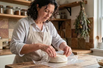 Femme emballant du fromage avec du cellophane alimentaire dans une cuisine rustique en bois