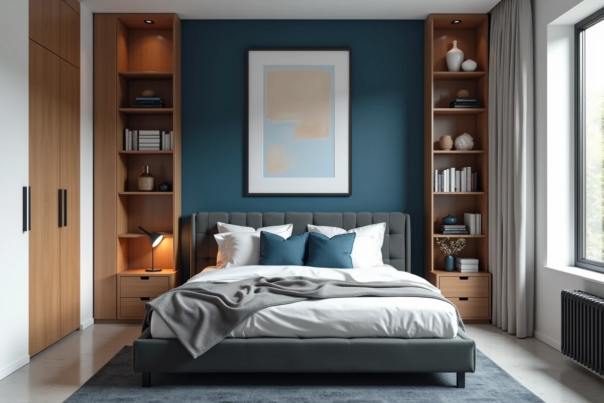Chambre adulte moderne avec mur de tête de lit bleu ardoise profond et murs blancs chauds, décoration équilibrée pour couple
