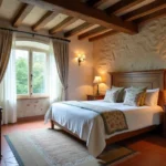 Chambre d'hôtes de charme Bois d'Ormes avec lit en lin blanc, murs en pierre apparente et poutres en chêne dans un cadre rustique et élégant