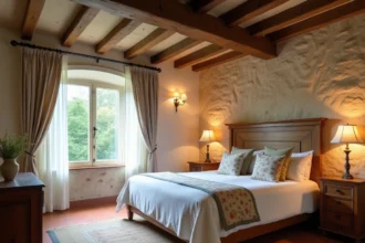 Chambre d'hôtes de charme Bois d'Ormes avec lit en lin blanc, murs en pierre apparente et poutres en chêne dans un cadre rustique et élégant