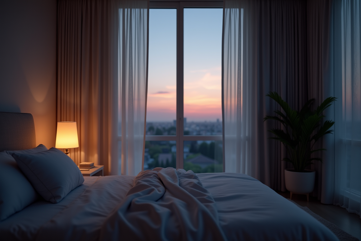 Chambre minimaliste à la tombée de la nuit avec rideaux fermés