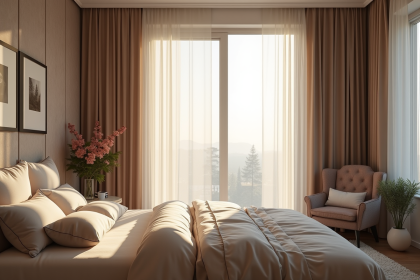 Chambre moderne avec lumière naturelle et rideaux occultants