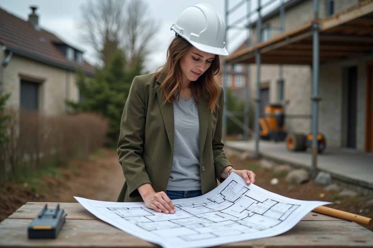 Cheffe de chantier consultant des plans de rénovation devant une maison en travaux avec échafaudage