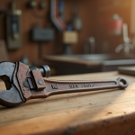 Clé à molette vintage sur plan de travail en bois
