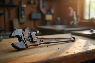 Clé à molette vintage sur plan de travail en bois