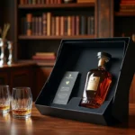 Coffret cadeau whisky édition limitée en boîte noire veloutée avec bouteille ambrée et verres en cristal sur table en noyer