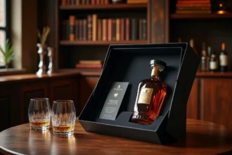 Coffret cadeau whisky édition limitée en boîte noire veloutée avec bouteille ambrée et verres en cristal sur table en noyer