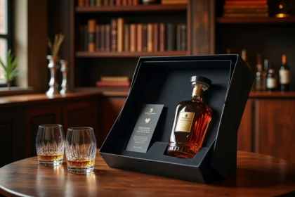 Coffret cadeau whisky édition limitée en boîte noire veloutée avec bouteille ambrée et verres en cristal sur table en noyer