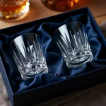 Coffret cadeau de verres à whisky en cristal taillé posé sur une table en chêne rustique, prêt à offrir