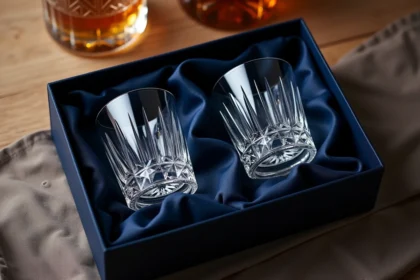 Coffret cadeau de verres à whisky en cristal taillé posé sur une table en chêne rustique, prêt à offrir