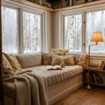 Coin lecture hivernal aménagé dans une alcôve de fenêtre avec banquette en lin, coussins tricotés et lampe de lecture en laiton