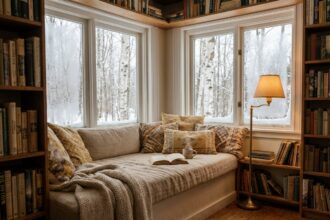 Coin lecture hivernal aménagé dans une alcôve de fenêtre avec banquette en lin, coussins tricotés et lampe de lecture en laiton