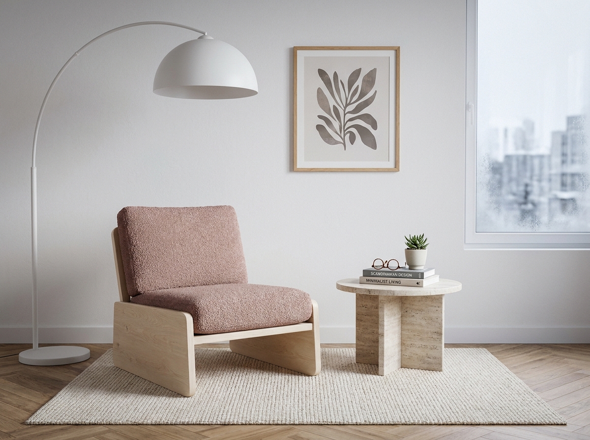 Coin lecture scandinave minimaliste avec fauteuil en bouclé rose, lampe arc et table en travertin dans un appartement moderne