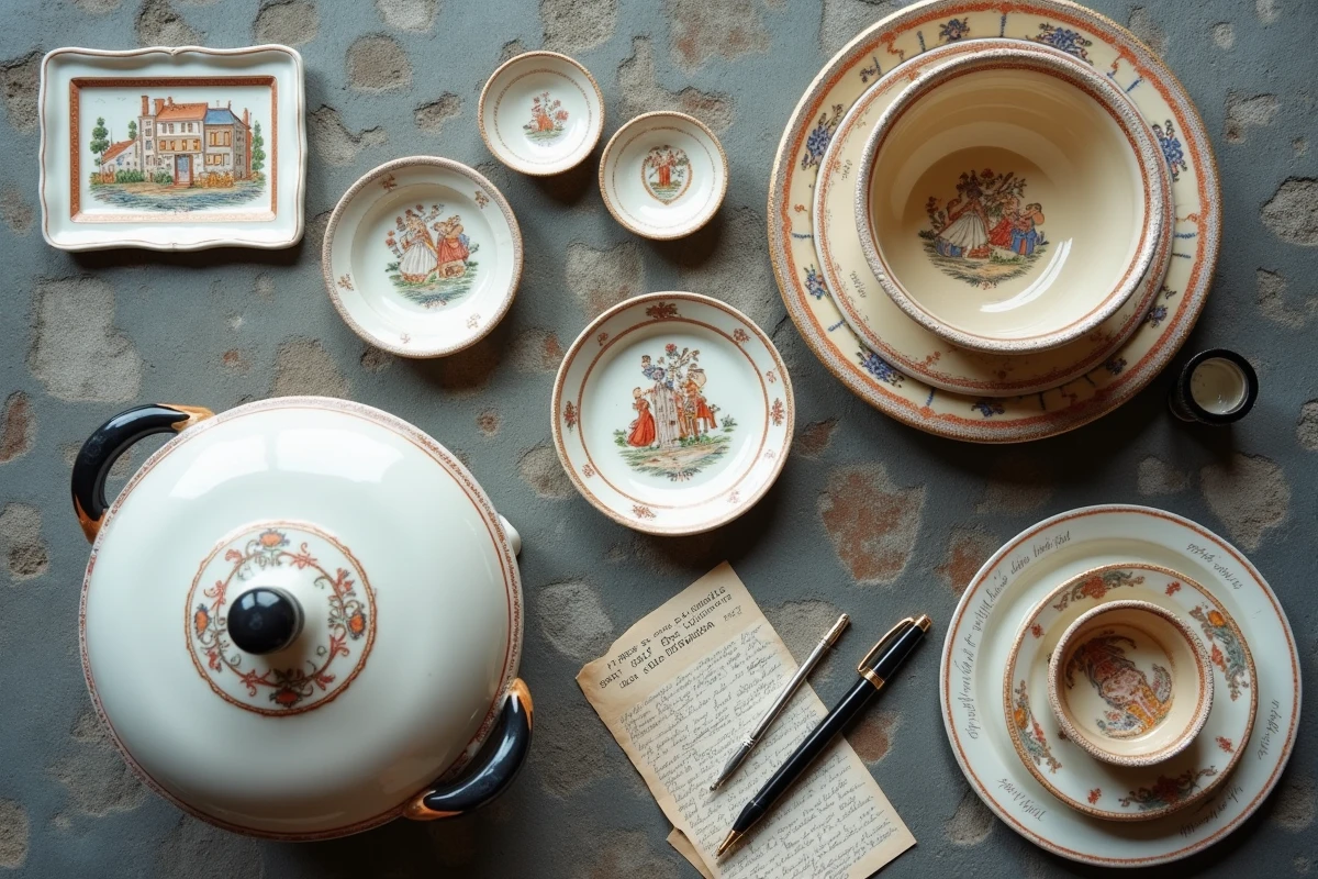 Vue aérienne d'une collection de faïences Henriot Quimper disposées sur une surface en pierre grise, avec des notes d'expertise manuscrites, une loupe et des reçus de vente aux enchères pour évaluer leur provenance