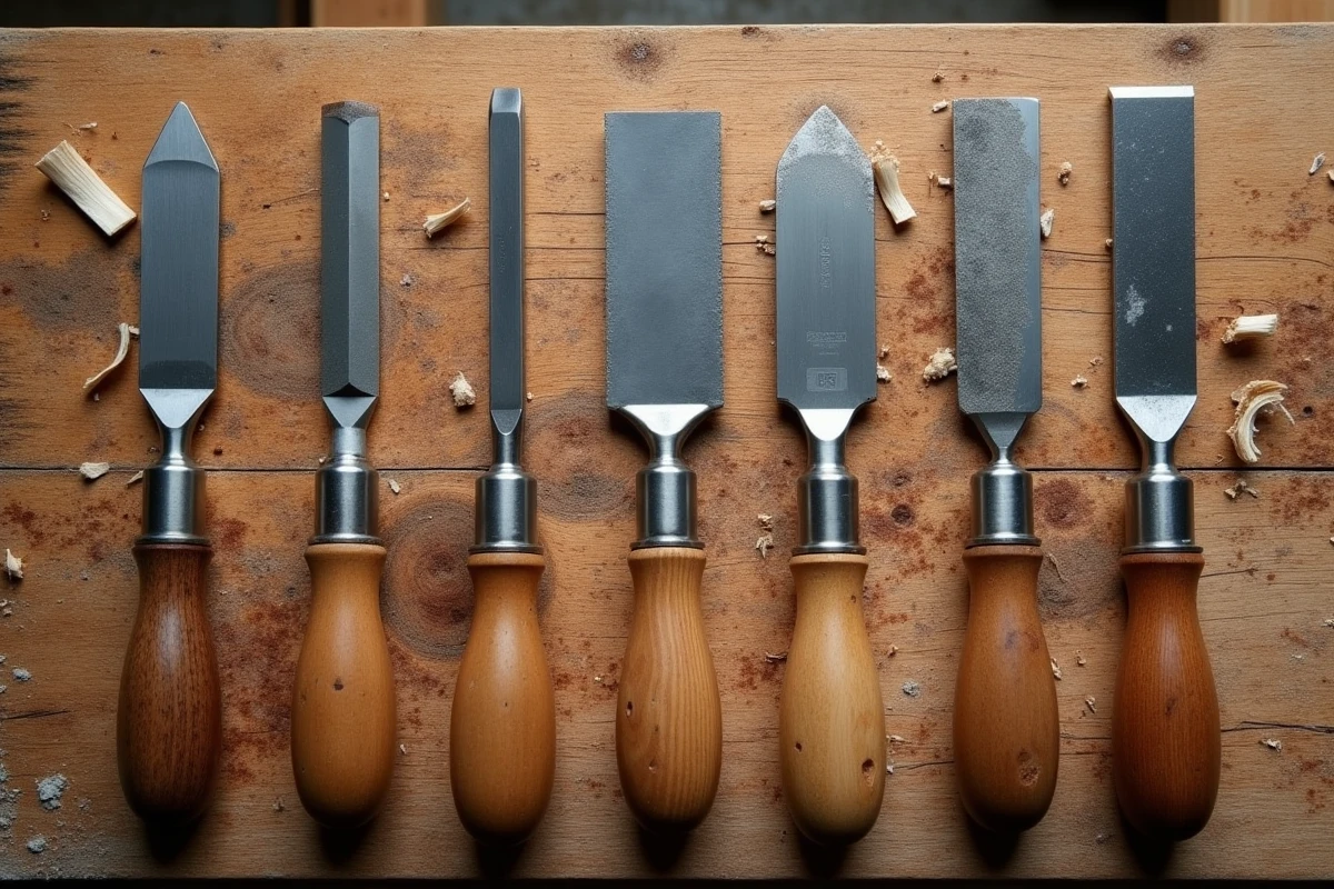 Collection de gouges à bois de différentes formes et tailles posées sur un établi en chêne, vue de dessus