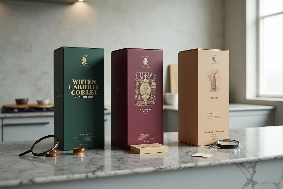 Trois coffrets whisky édition limitée aux designs distincts alignés sur marbre gris avec cartes de dégustation et loupe