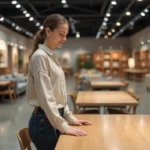Femme comparant des meubles dans un grand magasin de mobilier, avec tables et étagères exposées en arrière-plan