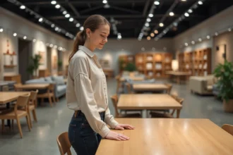 Femme comparant des meubles dans un grand magasin de mobilier, avec tables et étagères exposées en arrière-plan