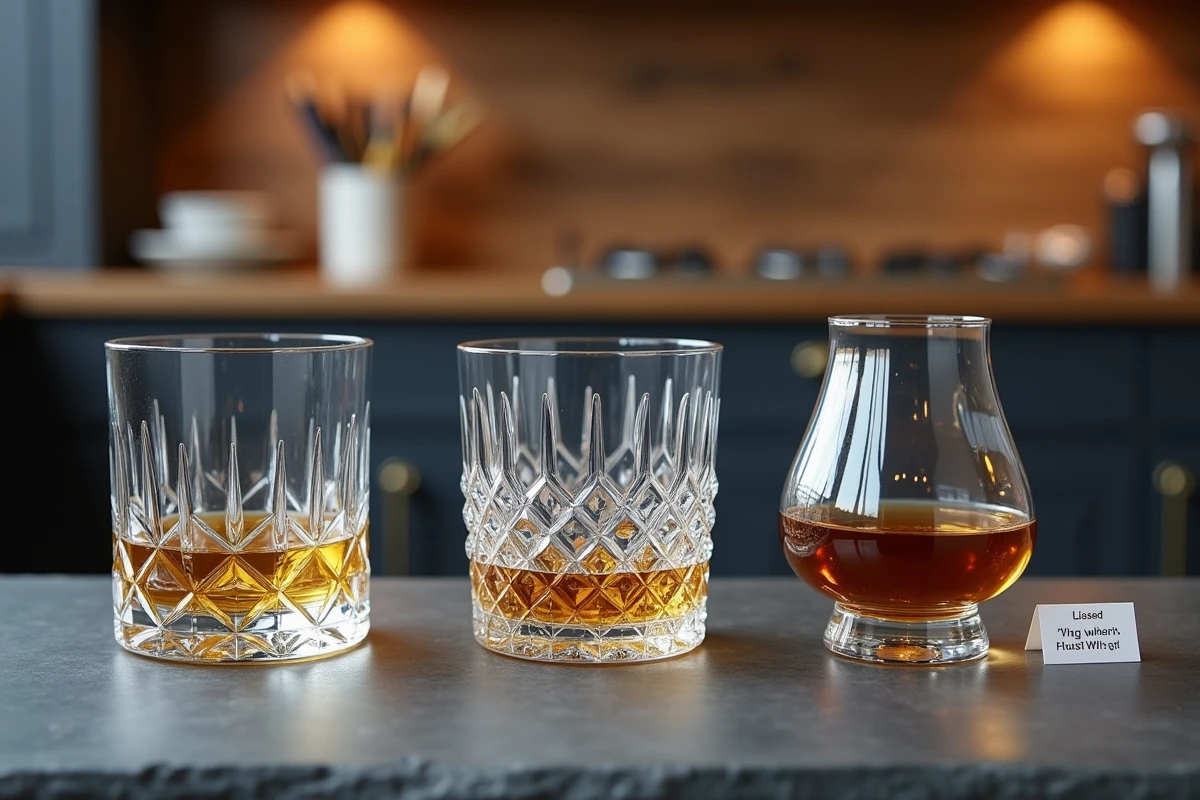 Comparaison de trois modèles de verres à whisky en cristal sur un plan de travail en ardoise pour choisir le meilleur coffret