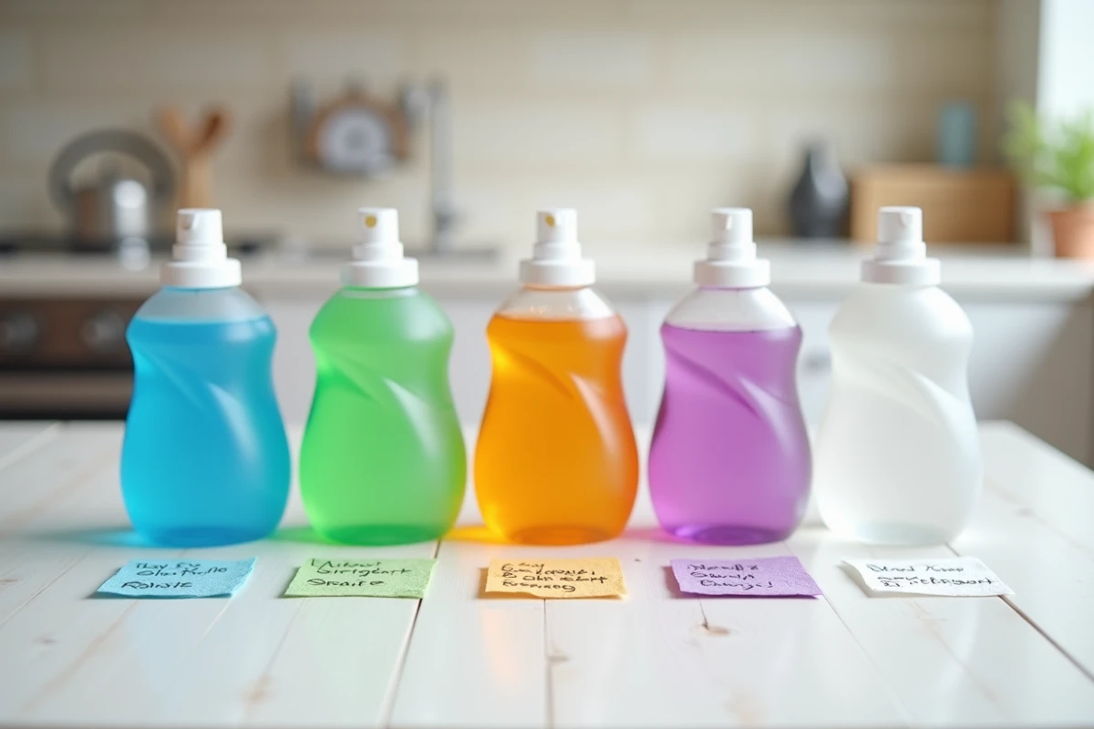 Comparatif de bouteilles de lessive liquide posées côte à côte sur un plan de travail blanc pour un test famille