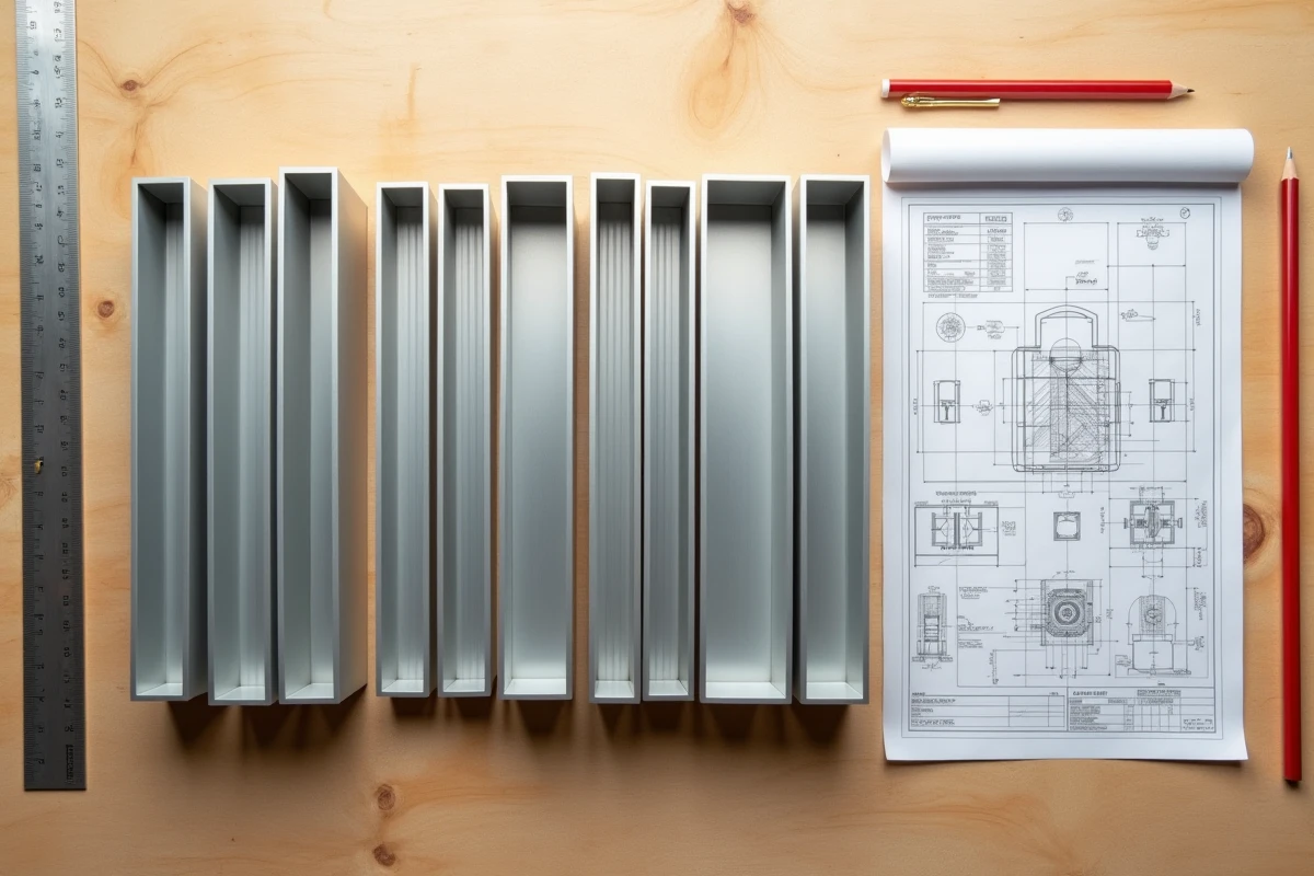 Vue de dessus de tubes rectangulaires en aluminium classés par dimensions avec règle et plan technique sur fond bois contreplaqué