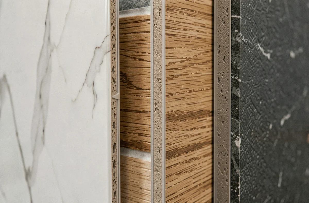 Gros plan sur trois dalles murales PVC avec finitions différentes : marbre blanc brillant, bois chêne chaleureux et pierre anthracite structurée