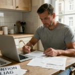 Homme comparant des devis de travaux sur ordinateur portable avec des documents papier sur une table de cuisine