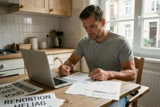 Homme comparant des devis de travaux sur ordinateur portable avec des documents papier sur une table de cuisine
