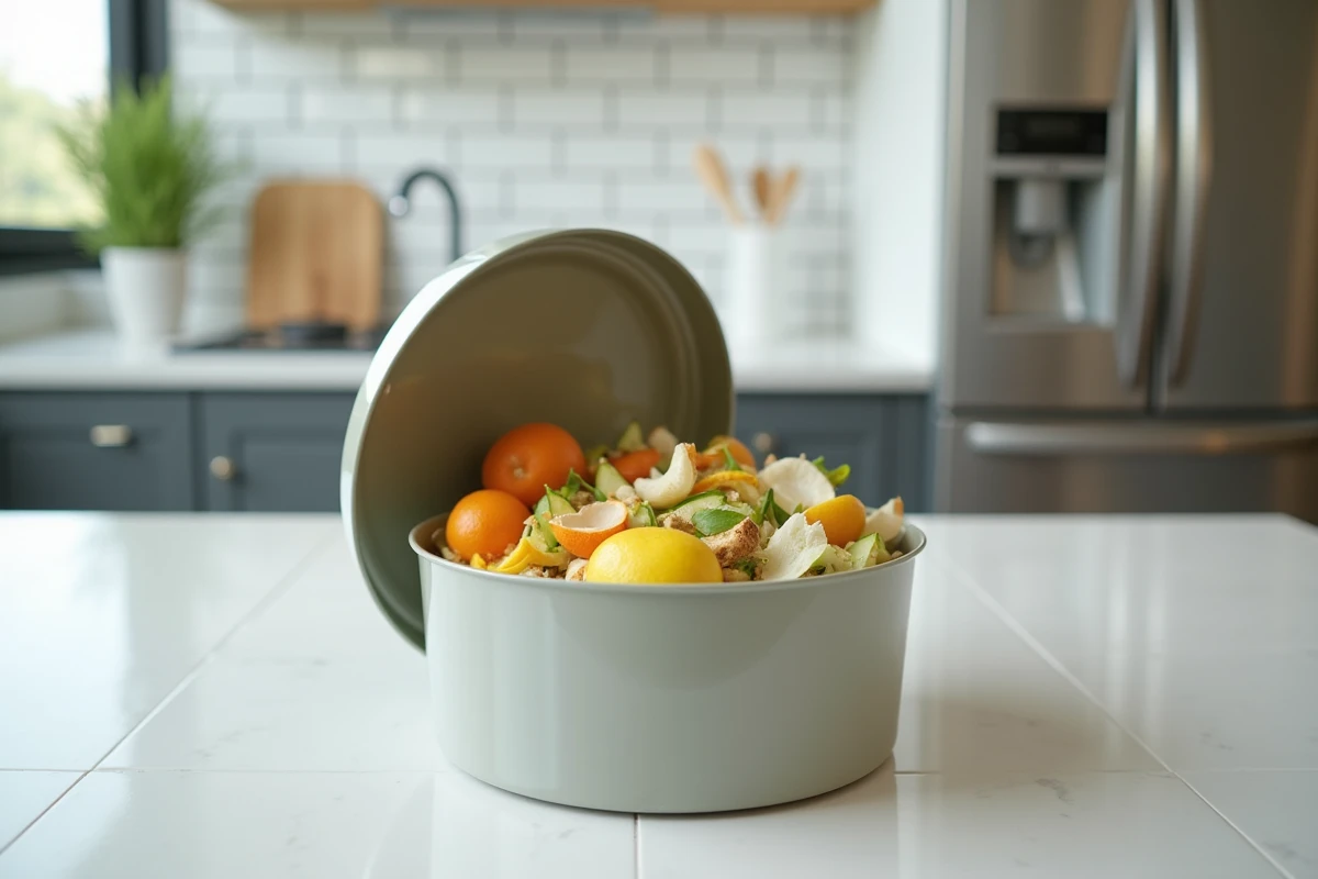 Composteur de cuisine ouvert sur plan de travail avec épluchures et ver blanc visible