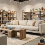 Vignette déco Scandinave dans le concept store 4 Murs Chambéry avec canapé en lin, vases céramiques et tables en chêne
