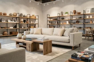 Vignette déco Scandinave dans le concept store 4 Murs Chambéry avec canapé en lin, vases céramiques et tables en chêne