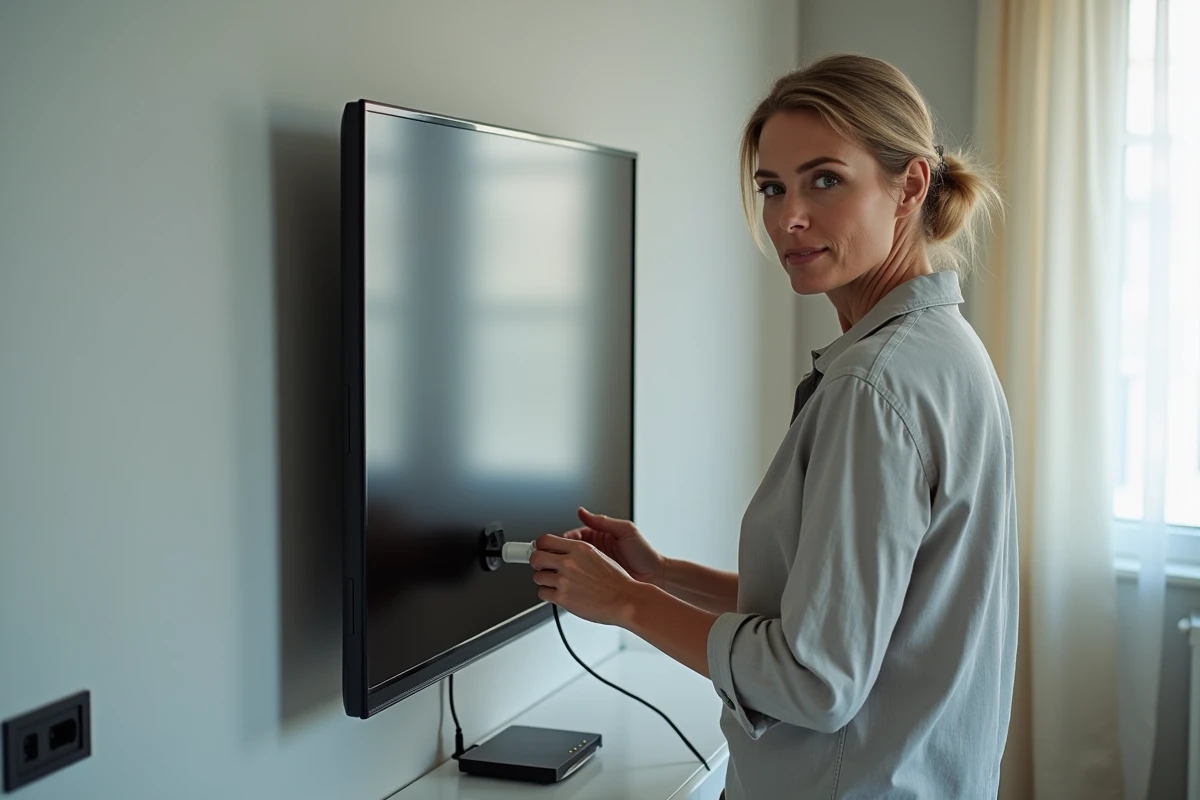 Femme connectant un câble coaxial sur une prise TV murale dans un salon avec box fibre optique