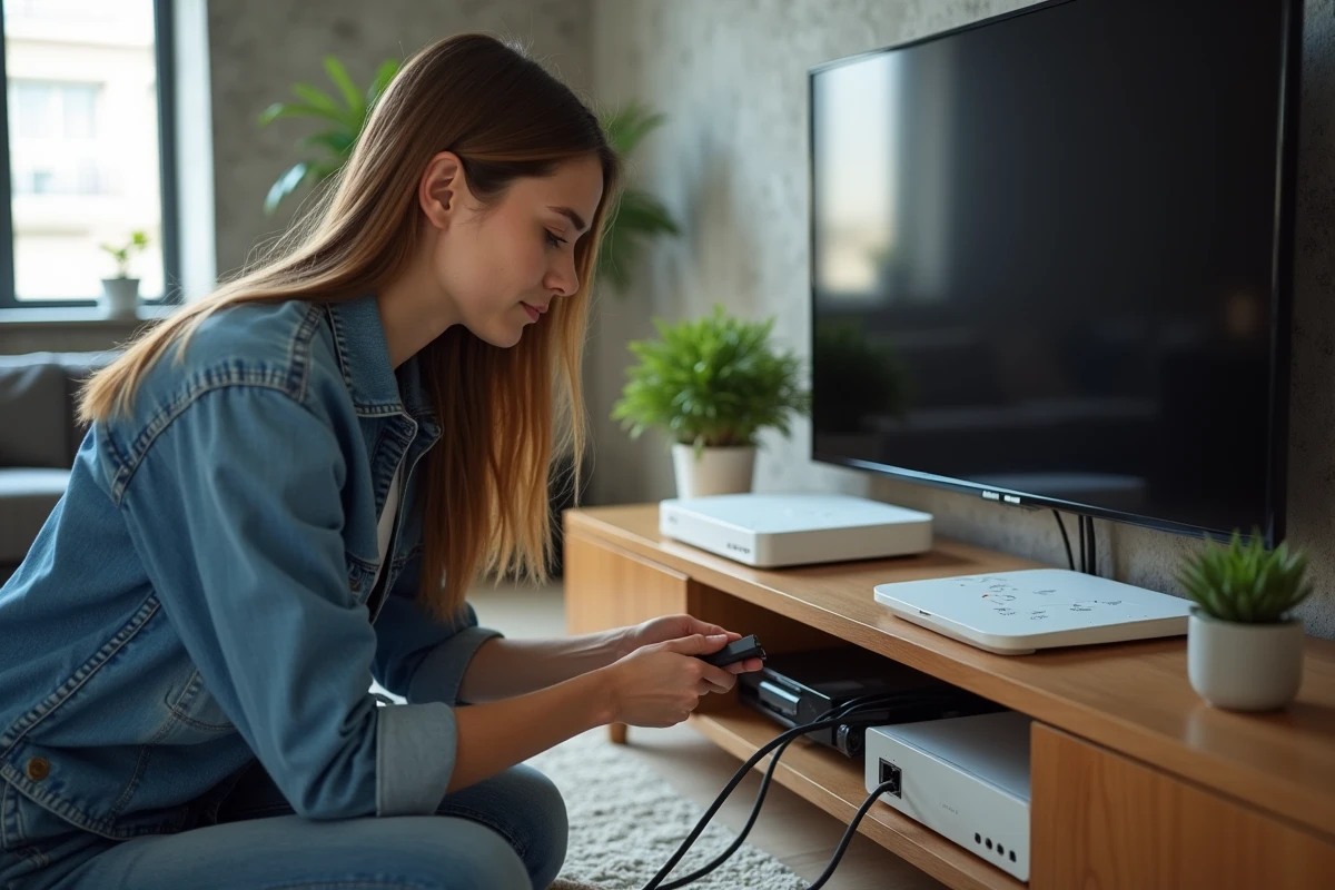 Jeune femme connectant un câble Ethernet à une box internet dans un appartement urbain