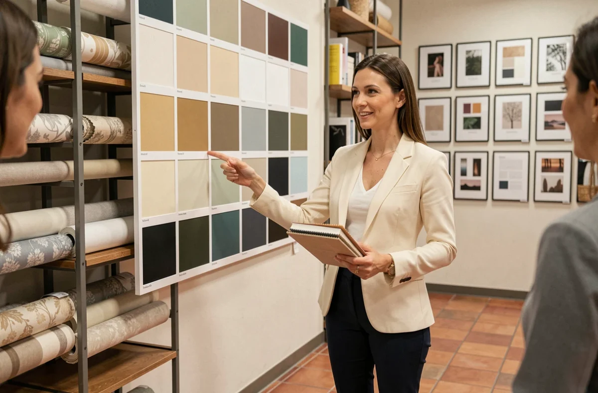 Conseillère déco chez 4 Murs Chambéry présentant des échantillons de tissu et palettes de couleurs pour un projet de salon