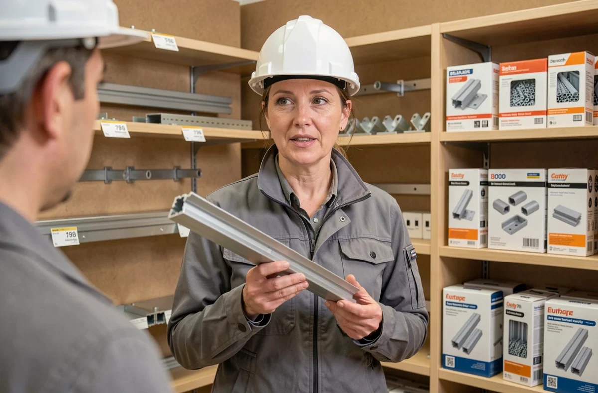 Conseillère présentant un rail de fixation solaire en aluminium dans un magasin spécialisé en matériaux photovoltaïques