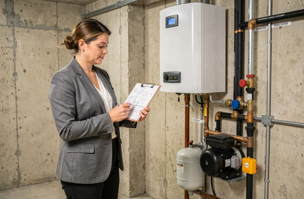 Conseillère technique vérifiant les plans de raccordement d'une installation de pompe à chaleur en sous-sol résidentiel