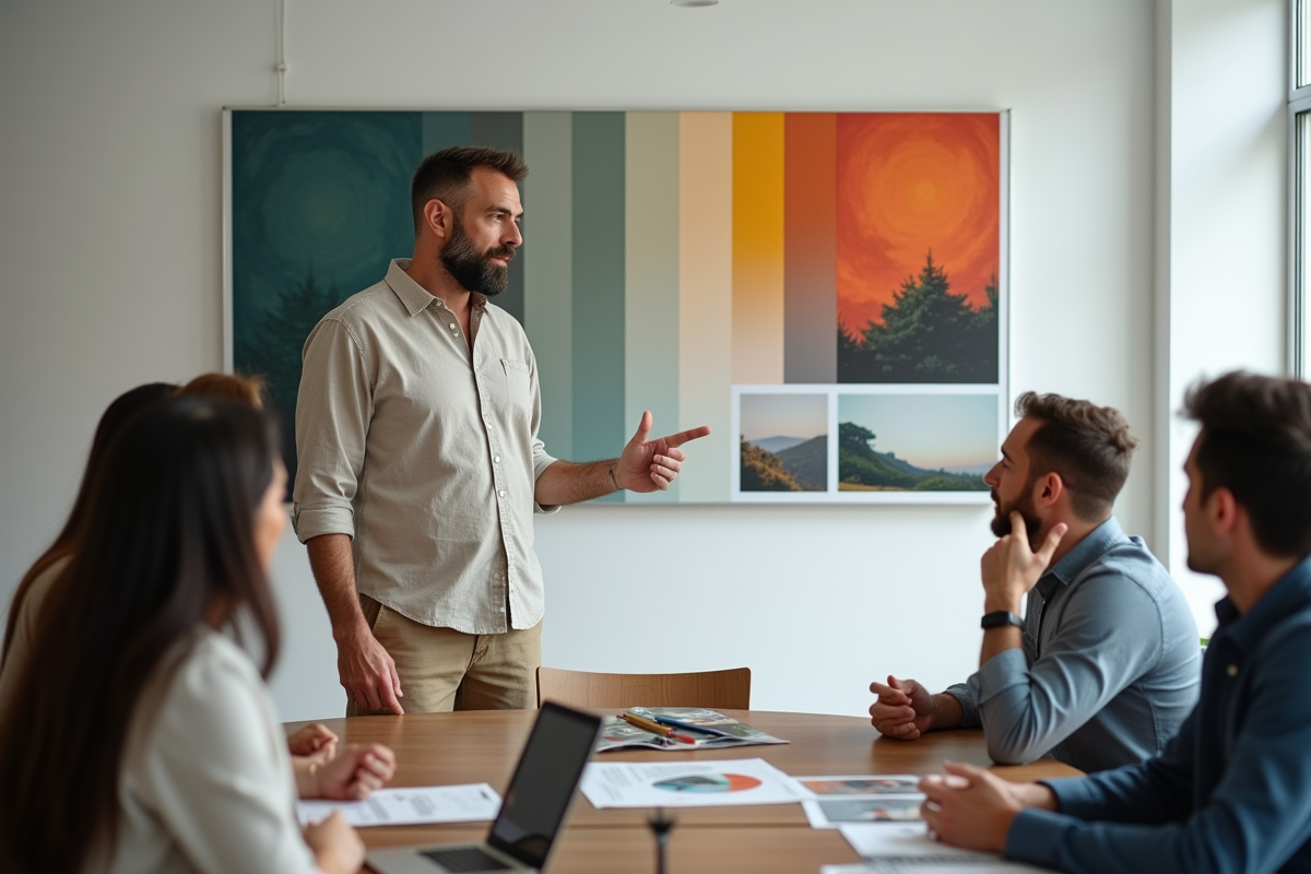 Consultant en couleur présentant un mood board à une équipe