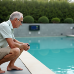 Homme inspectant le panneau de contrôle de la piscine automatisée