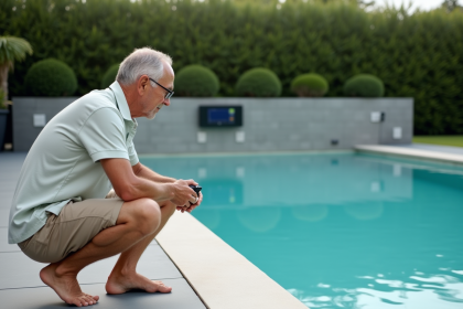 Homme inspectant le panneau de contrôle de la piscine automatisée