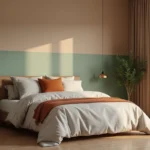 Chambre adulte avec deux murs peints en taupe chaud et vert sauge doux pour un couple, literie en lin neutre