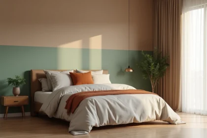 Chambre adulte avec deux murs peints en taupe chaud et vert sauge doux pour un couple, literie en lin neutre