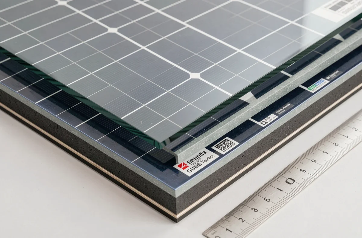 Coupe transversale détaillée d'un panneau solaire bi-verre montrant les couches de verre trempé et cellules photovoltaïques