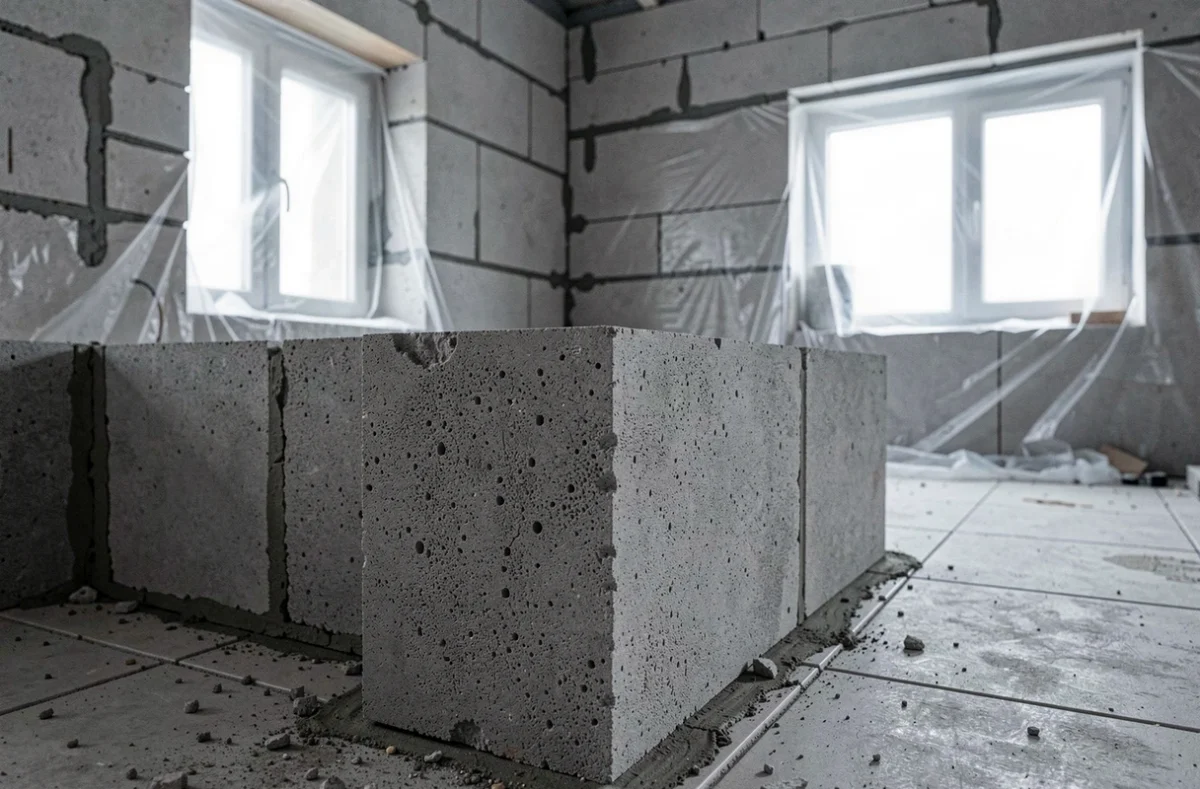 Section transversale d'un mur en siporex de 20 cm dans une maison en construction en zone climatique froide