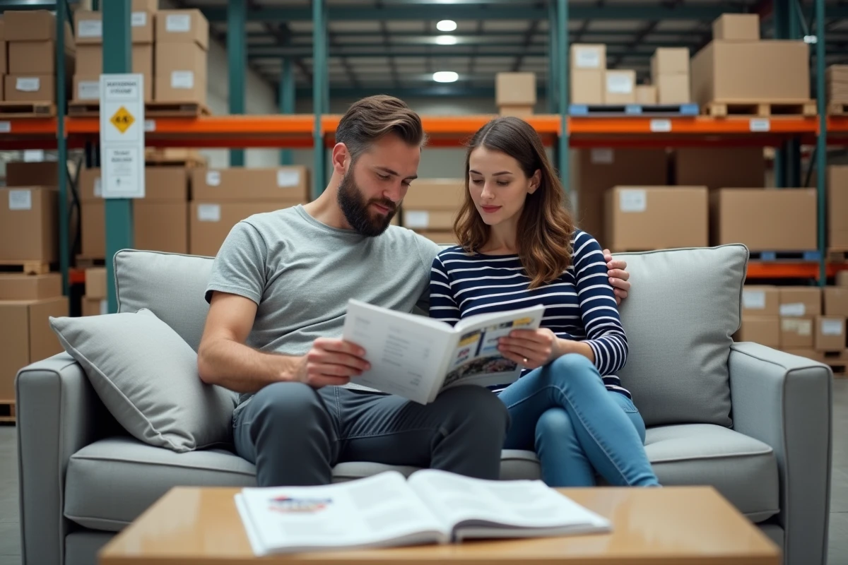 Couple assis sur un canapé dans un magasin de meubles en kit, consultant un catalogue avec des prix