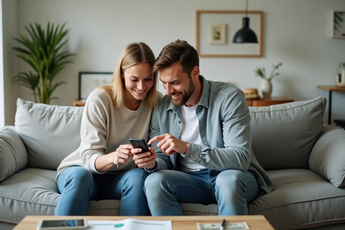 Couple consultant ensemble une application de budget maison sur smartphone dans leur salon