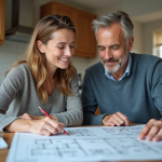 Couple de middleaged en cuisine avec plans architecturaux