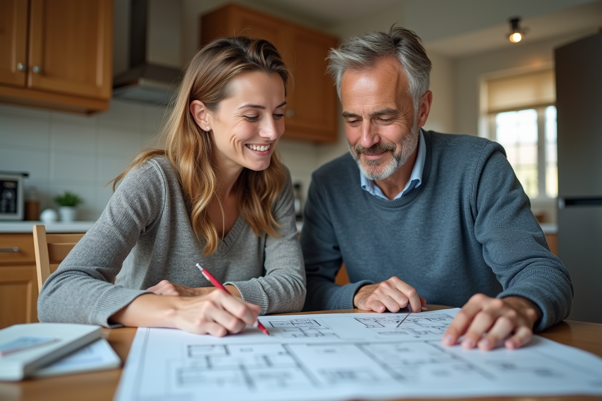 Couple de middleaged en cuisine avec plans architecturaux