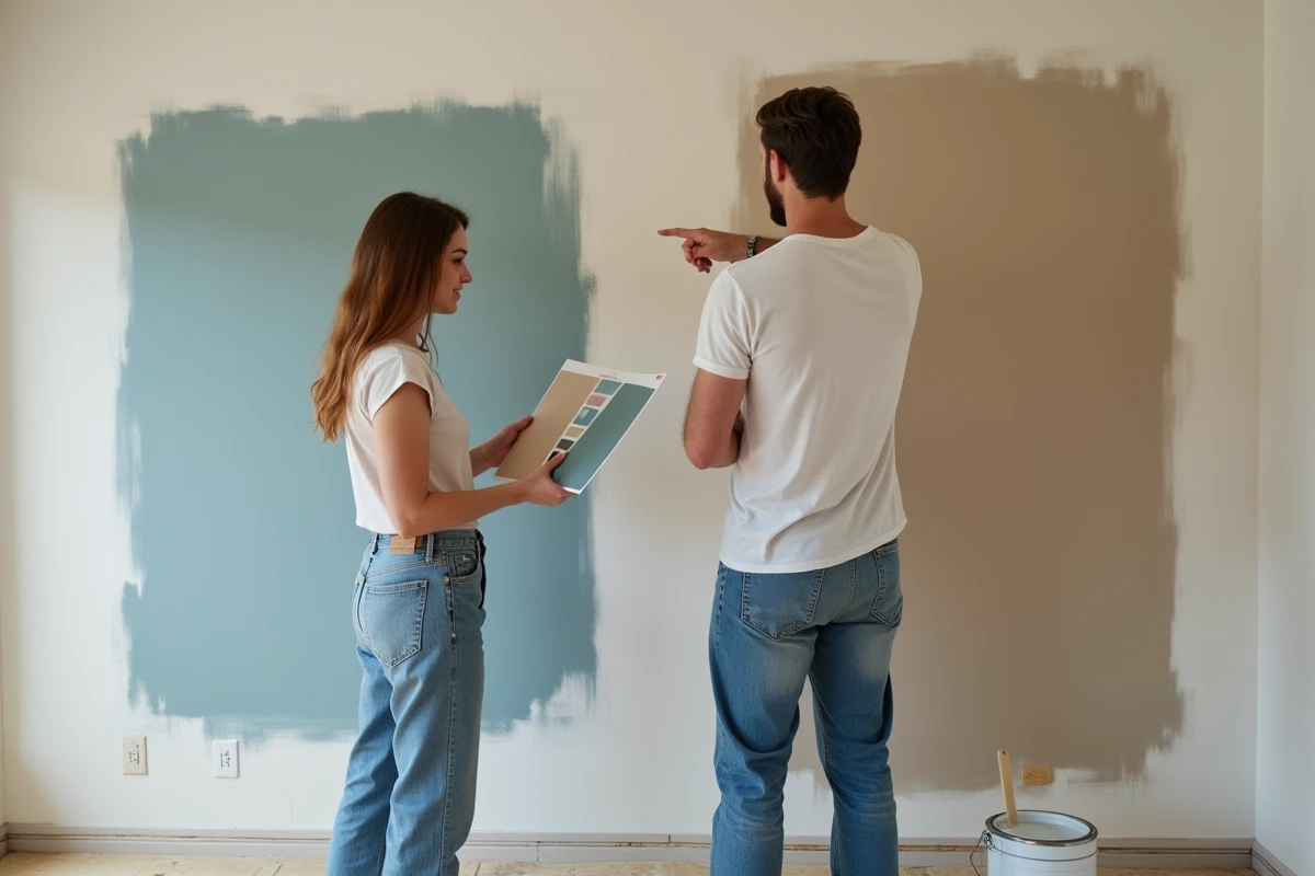Couple choisissant ensemble la couleur de peinture de leur chambre avec des échantillons de teintes complémentaires