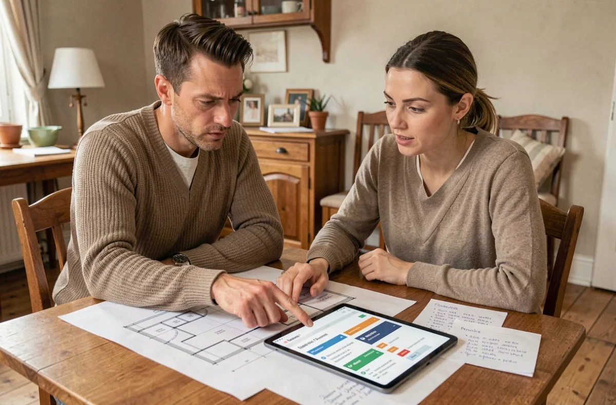 Couple comparant plusieurs devis de travaux sur tablette numérique pour maîtriser leur budget rénovation