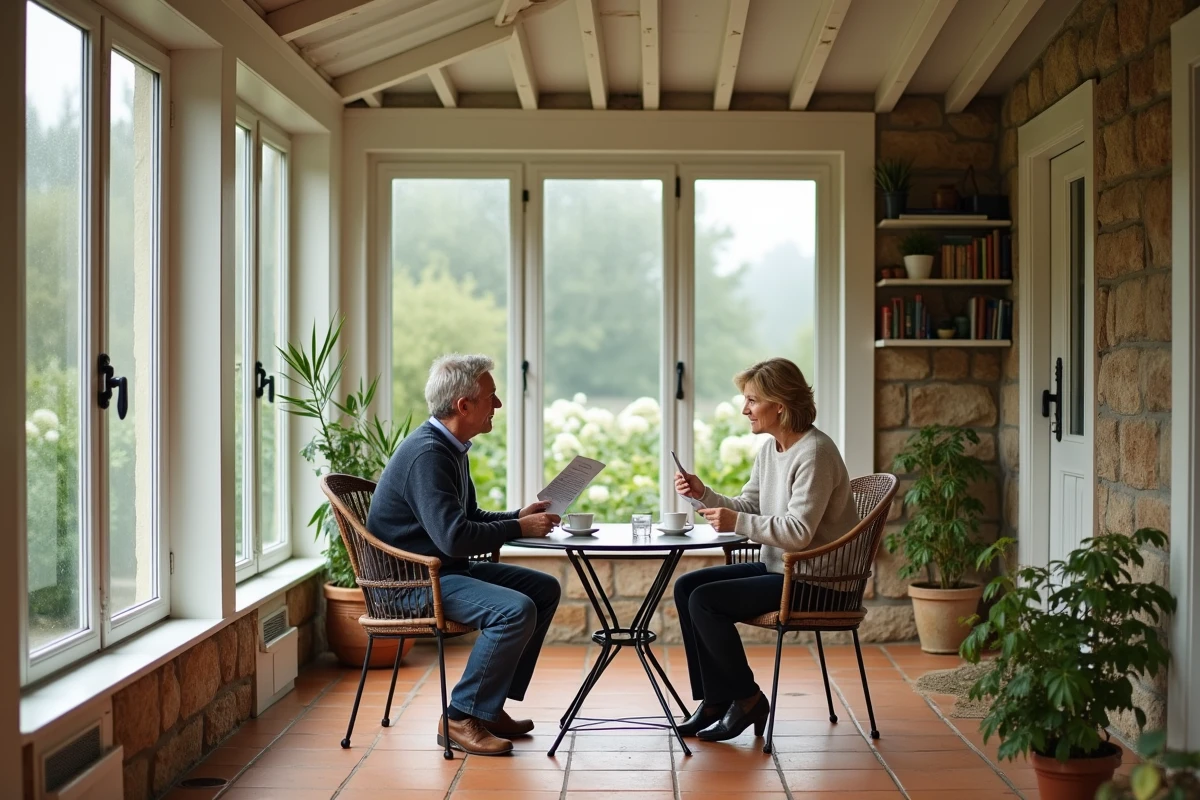 Couple comparant des devis de vérandas dans leur espace véranda aménagé avec vue sur un jardin en campagne française